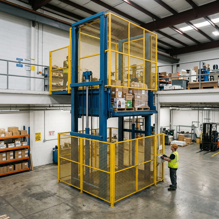 Huanyu-Hydraulic-Double-Guide-Rail-Cargo-Lift-Industrial-Blue