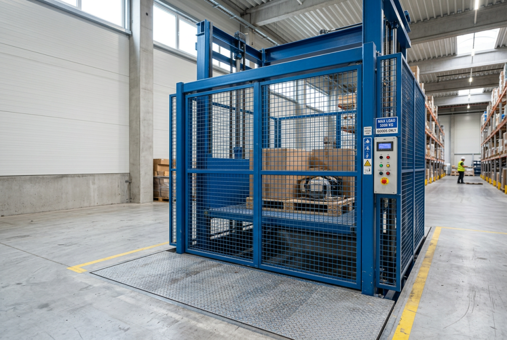 Heavy duty hydraulic guide rail cargo lift installed in modern warehouse
